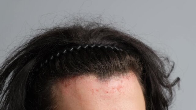 Close-up of a person s forehead with acne and irritation along the hairline, wearing a black hairband. Concept of skin problems, scalp issues, and dermatological care.