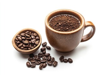 Obraz premium Coffee grounds in a wooden mug with coffee beans