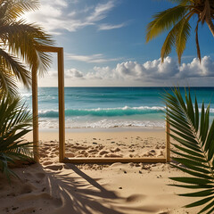 Tropical Beach View Through Empty Frame with Palm Shadows