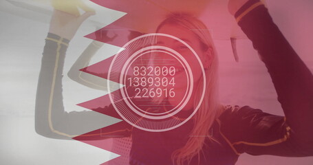 Holding yellow boxing gloves, training duo in sportswear showing HUD at gym, with flag overlay