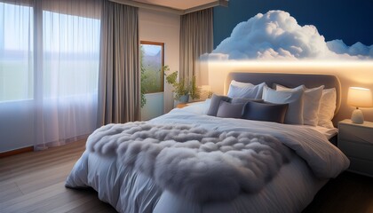 peaceful bedroom sanctuary with soft cloud like bedding and dreamy atmospheric lighting