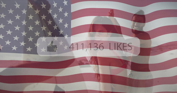 Three adults in athletic wear performing workout in studio, with US flag overlay and 411,136 LIKES