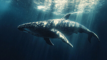 Fototapeta premium Humpback Whale Gracefully Swimming in Ocean Waters Under Sunlight