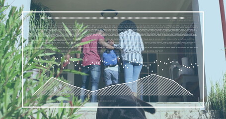 Standing family wearing striped tops at open tiled porch entrance, with blue backpack, black dog