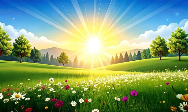 Sunrise in a colorful meadow