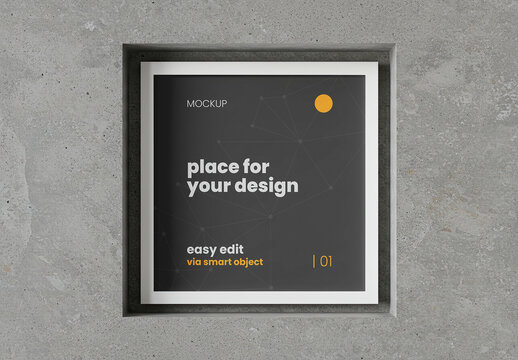 Square Frame Image Poster Mockup Embedded in Concrete