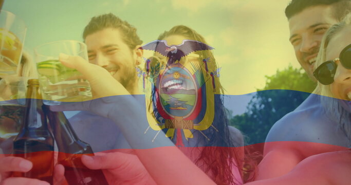 Clinking beer bottles and cocktail glasses six friends in swimwear cheering at poolside, summer fun