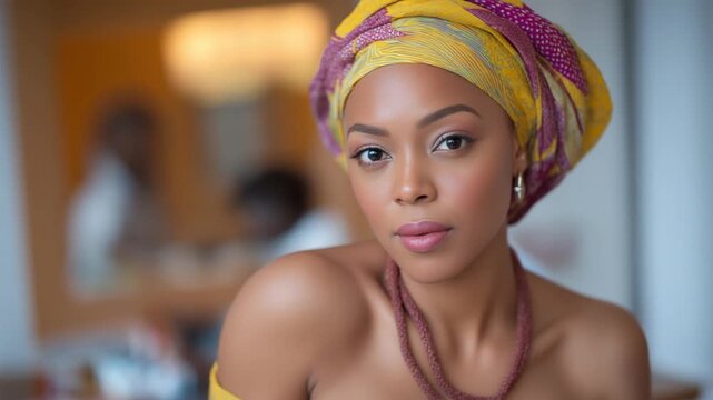 Nigerian bride dazzles in traditional gele and makeup artistry.