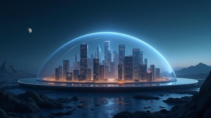 Surreal cityscape under transparent dome with starry sky, 16:9 hero image for visionary web design