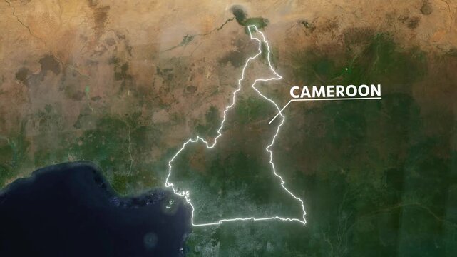 Zoom from Earth to Cameroon. Glow outline map animation satellite view with highlighted country borders. Cinematic documentary 3d world map animation highlights aerial views, tourism, and travel. 4k