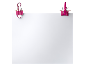 Blank white sheet of paper, held by two pink clips
