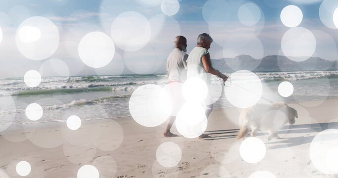 Walking mature man and senior woman holding dog leash on sandy beach shoreline, foamy ocean waves