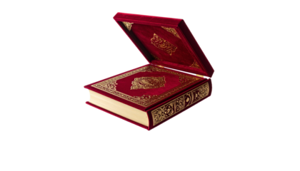Ornate Red And Gold Book In Velvet Lined Case Against A Transparent Black Background
