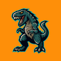 Obraz premium Dinosaurs depicted in a cartoon style with bold colors and dynamic posture on a vibrant orange background