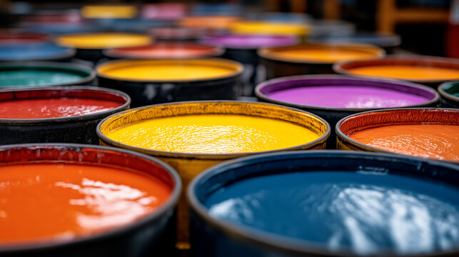Rows of open buckets filled with vibrant colorful paints in a workshop pigment