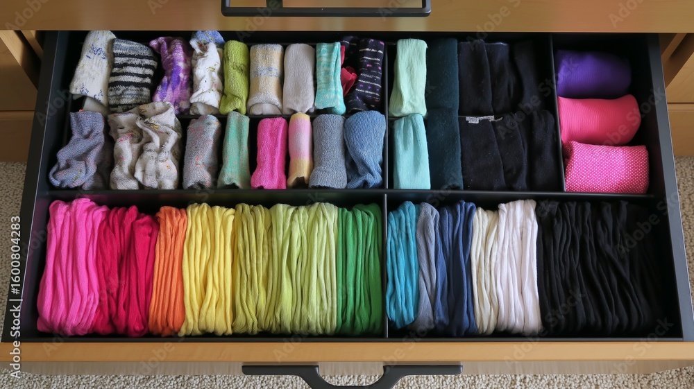 Poster a drawer showcases an array of neatly folded socks and colorful garments, sorted by color.