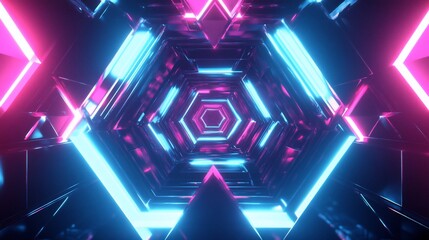 Geometric Neon Tunnel with Dynamic Lighting: Abstract Technological Dimension