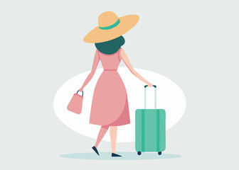 Fototapeta premium Woman with Suitcase and Bag on Trip on white background