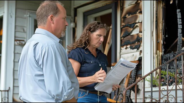 Collaborative Fire Damage Inspection: Homeowner and Insurance Professional Analyze Charred Building Elements, Document S