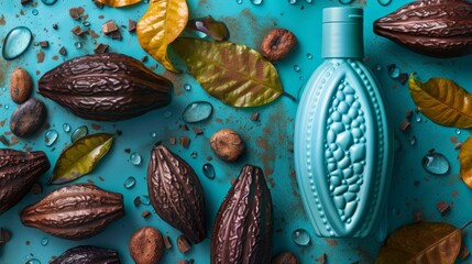 A bright teal bottle with a swirling pattern of chocolatecolored cacao pods and water droplets.