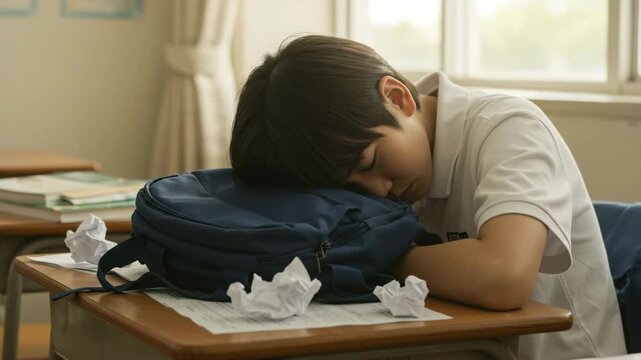 Young boy resting his head on backpack at classroom desk  