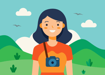 Fototapeta premium Cartoon Woman Photographer in Nature Landscape with Camera Hills Clouds and Birds for Travel and Tourism on white