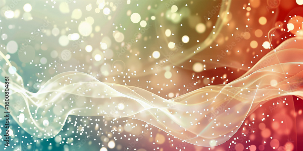 Poster soft abstract background with flowing pastel waves, glowing particles, and light bokeh effects creat