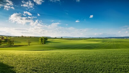 Obraz premium an expansive agricultural farm landscape with green fields and a clear blue sky agricultural scene natural beauty style