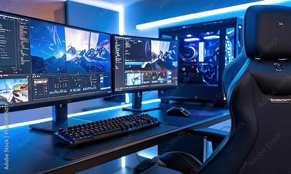 Poster modern computer setup with blue light