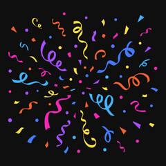 Confetti falling background. Birthday party festive colorful confetti streamers. Anniversary, celebration, festive occasions