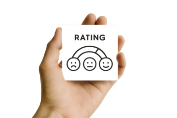 Hand holding rating card with emotional scale icon