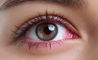 Obraz premium Close-up of redness in the eye, including the eyelid with pink and red color on the white skin near the cornea