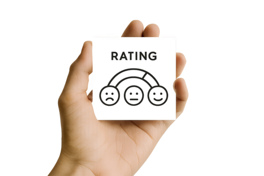 Hand holding rating card with emotional scale icon
