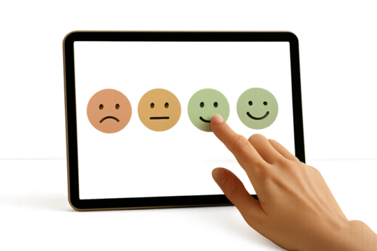 Tablet interface showing emotional scale icon selection and transparent background