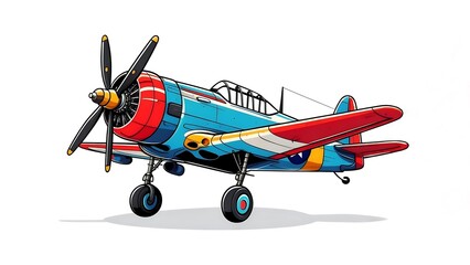 Vibrant cartoon illustration of a vintage red and blue single-engine propeller airplane.