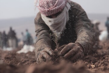 Fototapeta premium Community members plant young trees in a reforestation effort in an arid landscape during a spring planting event
