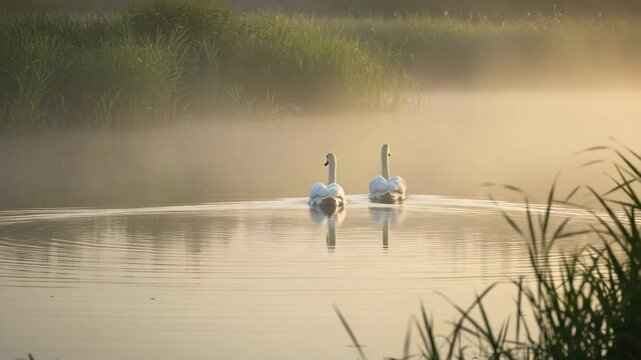 Two swans gliding on a tranquil lake in morning fog  