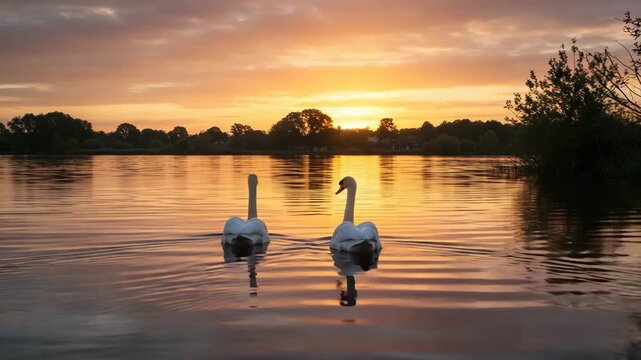 Two swans gliding on a calm lake at sunset with golden hues  