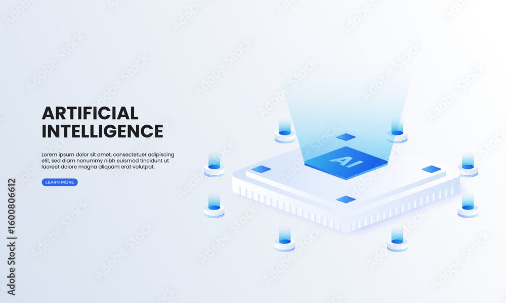 Poster artificial intelligence chip isometric vector illustration. chip machine technology, computer electr
