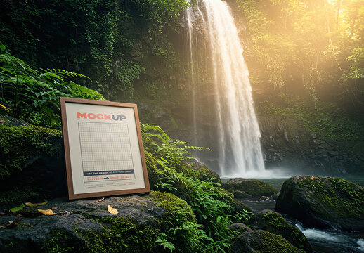 Square Poster Frame Mockup on Forest with Waterfall