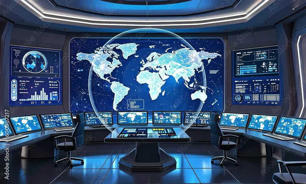 Poster modern control room interior with digital world map display data analysis and communication technolo
