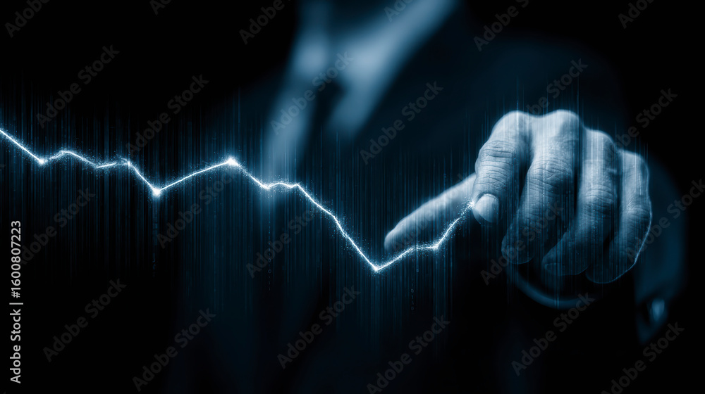 Poster a businessperson touching an illuminated digital graph line, symbolizing analysis or forecast in fin