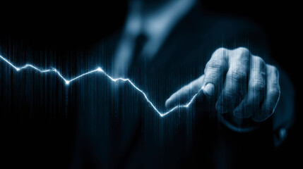 A businessperson touching an illuminated digital graph line, symbolizing analysis or forecast in finance or data trends.
