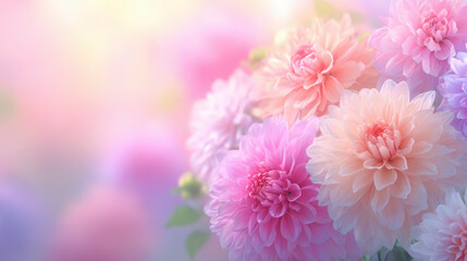 Soft focus image of vibrant pink and white dahlia flowers against a beautifully blurred pastel background, evoking a serene spring morning.