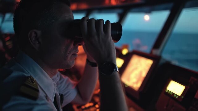 The officer peers through binoculars from the bridge scanning the horizon for other vessels or navigational hazards with the ships helm and radar screen visible in the background illuminated