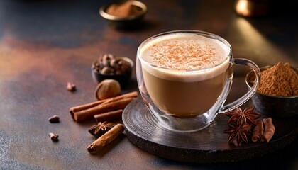 exotic chai latte in a glass cup featuring spices and frothy milk