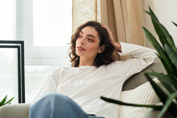 Contemplative moments of a young woman in a chic, cozy apartment setting