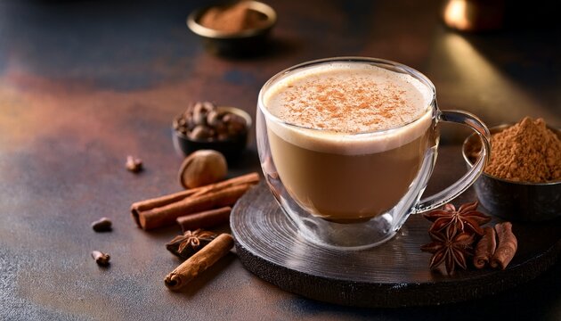 exotic chai latte in a glass cup featuring spices and frothy milk