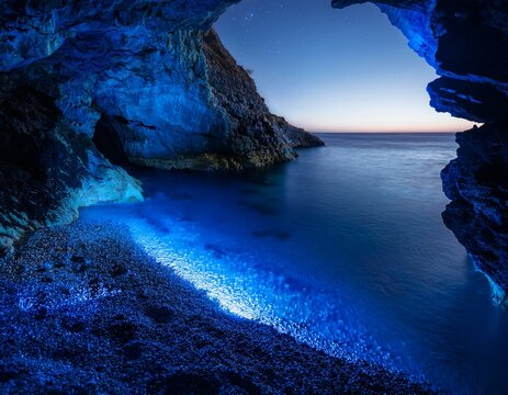 bioluminescent ocean glow illuminates mysterious coastal cave with ethereal blue light during nighttime tide flow in remote rocky shoreline landscape by the sea - Powered by Adobe