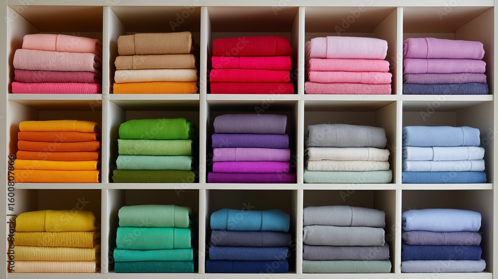 Poster vibrant soft towels are neatly arranged in a spacious storage unit.